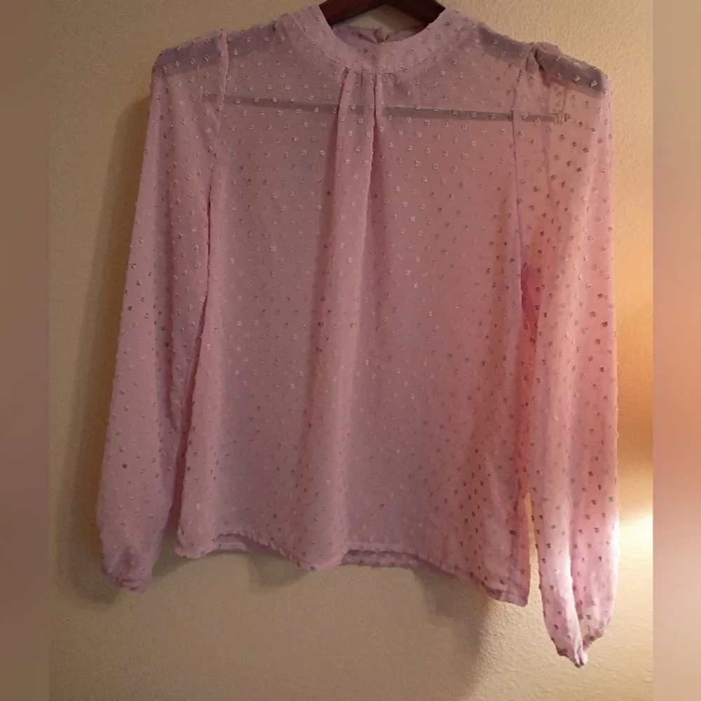 Pink Sheer Chiffon Clip Dot Mock Neck Long Sleeve Blouse - Picture 3 of 13